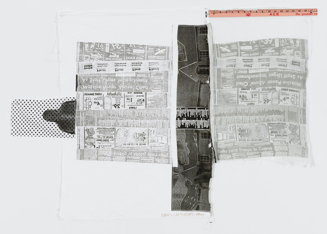 Robert Rauschenberg, Sheephead, 1974. From Airport Suite. relief and intaglio on fabric with collage, 35-1/2 x 51 in. Published by Graphicstudio, University of South Florida Collection.