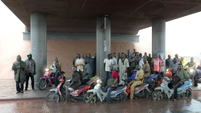 David Claerbout, Oil workers (from the Shell company of Nigeria) returning home from work, caught in torrential rain, 2013. © David Claerbout; Courtesy of the artist and Sean Kelly, New York