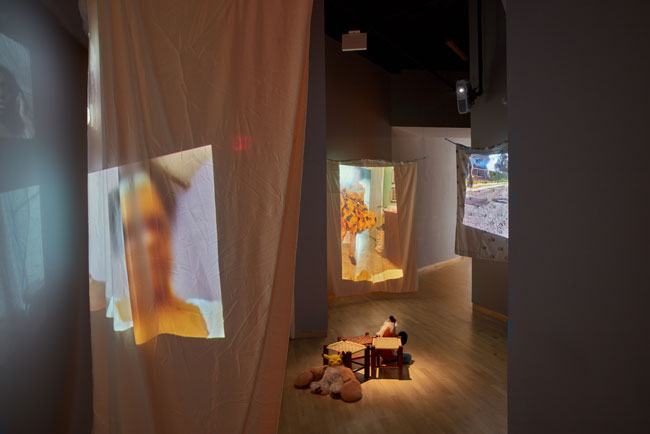 Installation view of Out To Pasture exhibition at USF Contemporary Art Museum. Left to right: Work by Nadia Ivanova,  Erin Oliver, Ian Wilson. Photo: Will Lytch.